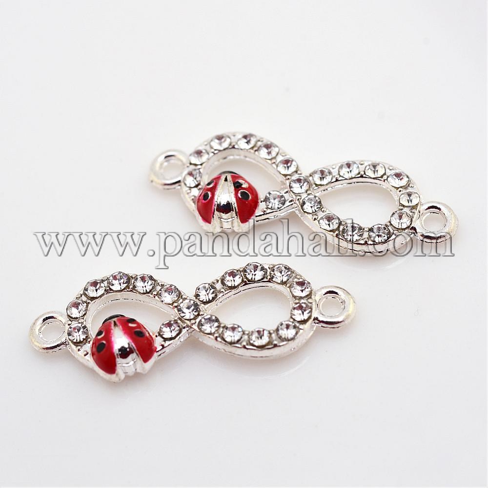 Alloy Rhinestone Links/Connectors, Enamel Ladybird, Infinity, Silver, 10x27.5x4mm, Hole: 1.5mm