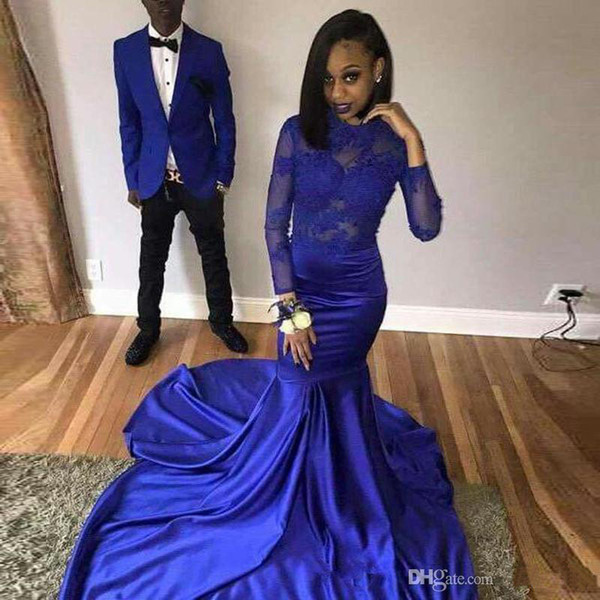 2019 African Royal Blue Mermaid Prom Dresses Formal Party Dress Long Sleeves Evening Gown Illusion Back Sweep Train Prom Gowns