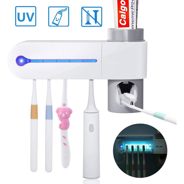 uv toothbrush holder, toothpaste dispenser with 5 toothbrush sterilizer holder wall mounted with sticker for women kids baby bathroom