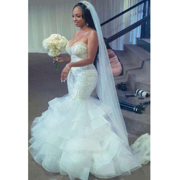 Luxury Crystaled Sparkle Wedding Dresses with Ruffles Train Bridal Dresses Plus Size