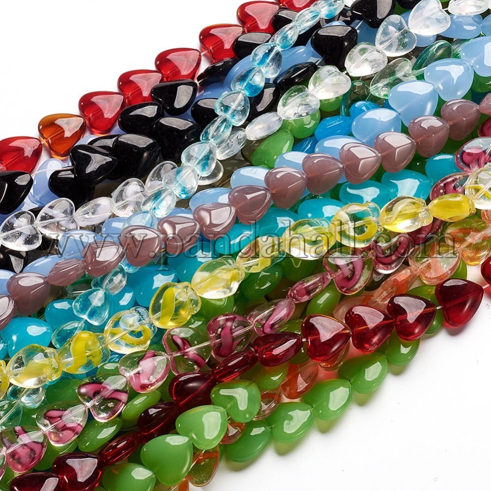 Glass Beads Strands, Heart, Mixed Color, 10~14x10~14x5~6mm, Hole: 0.7~1mm; about 25~31pcs/strand, 11.81~13.38''(30~34cm); about 30strands/bag