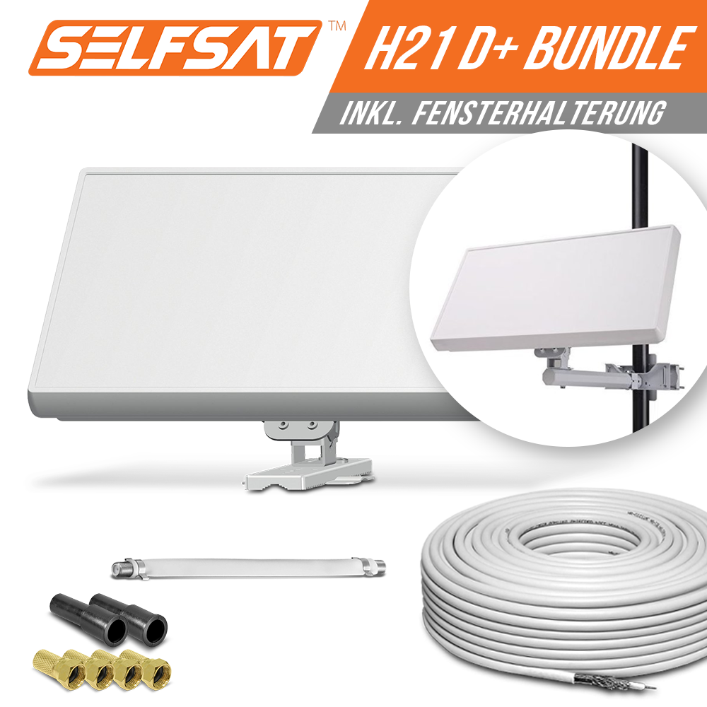 Selfsat H21D1+ 1 TV Teilnehmer SAT Flachantenne FLAT + Fensterdurchführung + Kabel FULL HD 4K