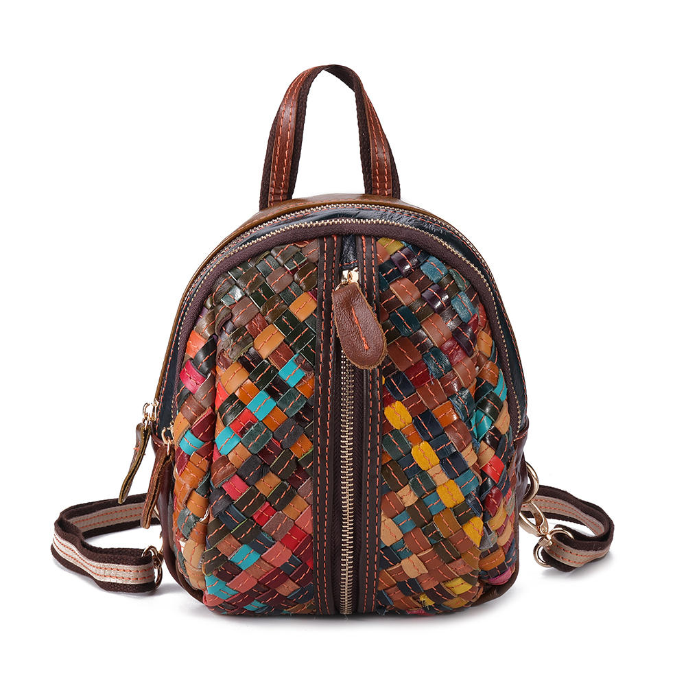 Women Genuine Leather Hand Stitching Patchwork Backpack