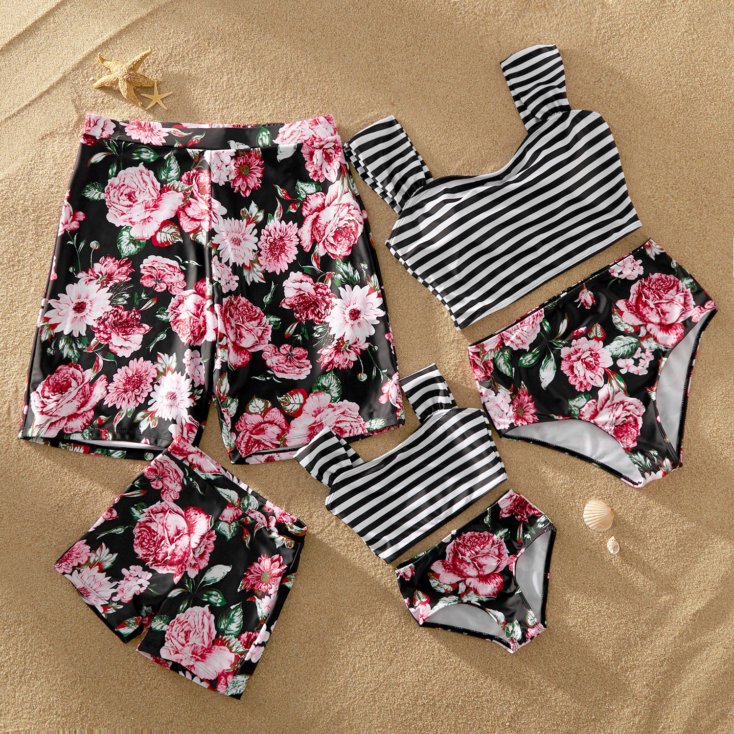 Striped and Floral Print Matching Swimsuits