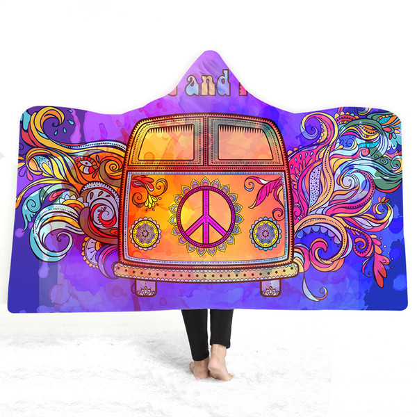 hippie hooded blanket for adults childs 3d printed plush blanket for winter wearable fleece throw home travel picnic
