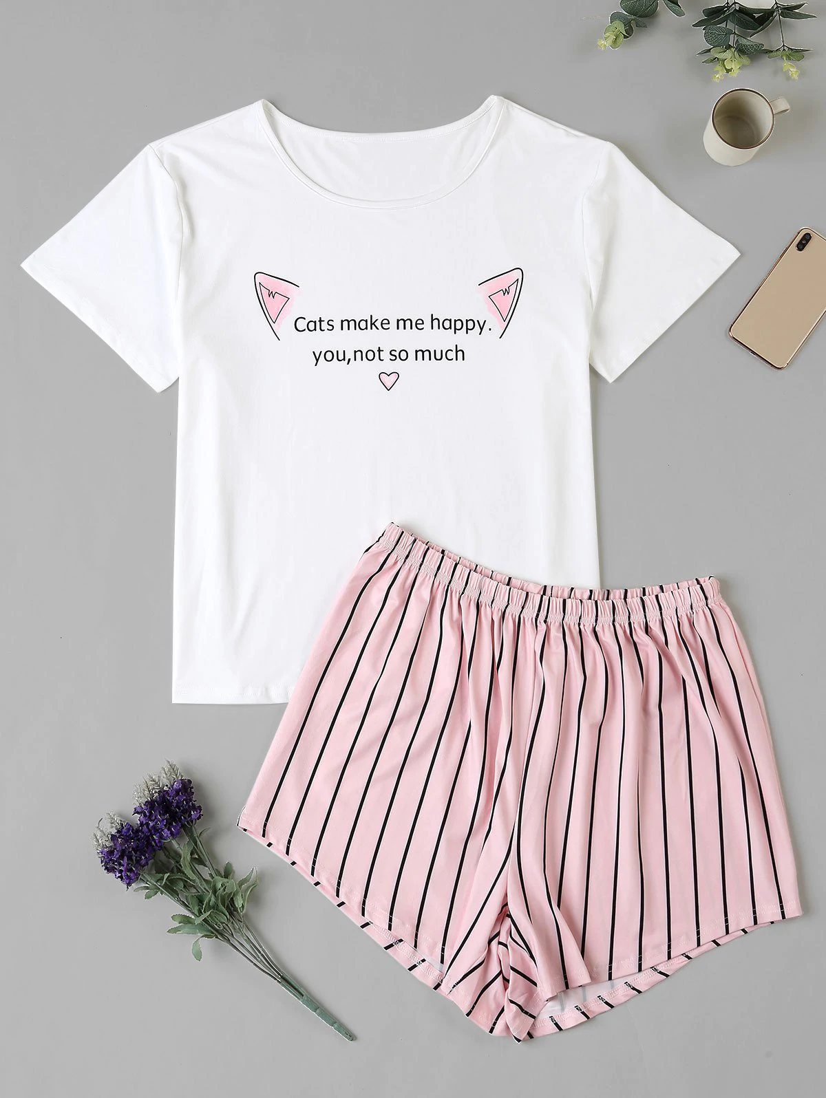 Plus Size Cat Striped Letter Graphic Pajama Shorts Set