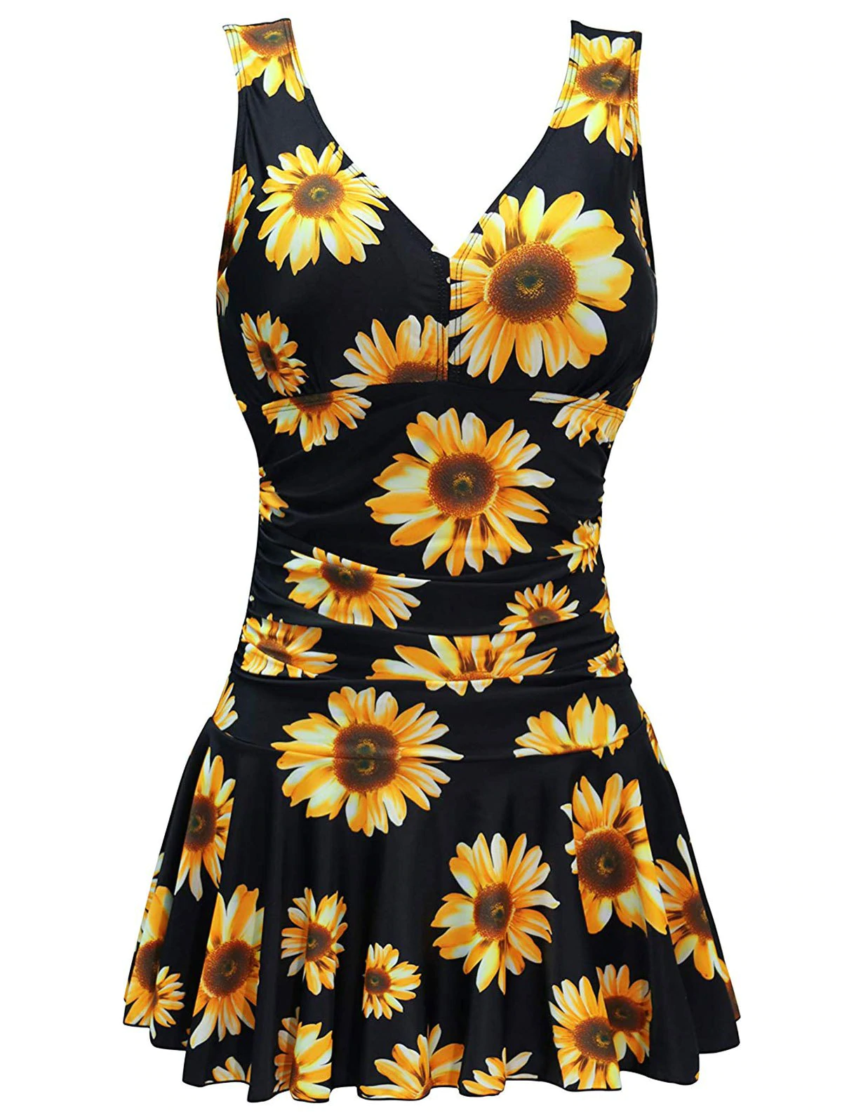 Plus Size Random Sunflower Ruched Skirted One-piece Swimsuit