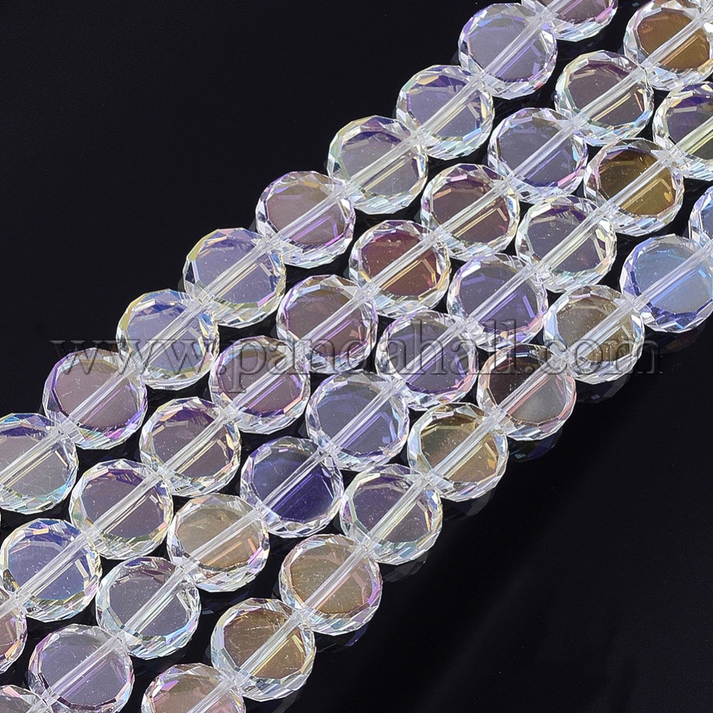 Electroplate Glass Beads Strands, AB Color Plated, Faceted, Flat Round, Clear AB, 8~8.5x3.5mm, Hole: 1mm; about 80pcs/strand, 24.8''