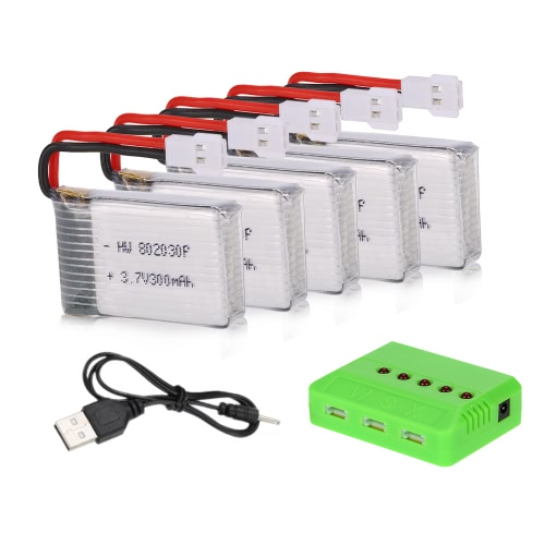 5pcs 3.7V 300mAh Li-po Battery with 5 in 1 Battery Charger for FQ777 FQ17W RC FPV Drone GoolRC T15 Quadcopter