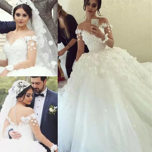 Modern White Luxury Long Sleeves Ball Gown Wedding Dresses Lace Appliqued Flowers Sheer Sweetheart Tulle Plus Size Bride Dress