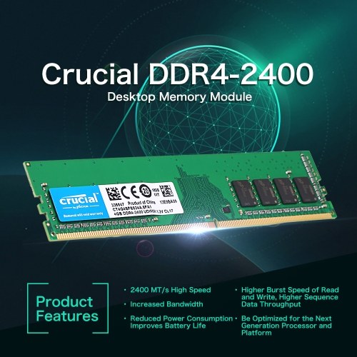 Crucial DDR4 Memory 4GB 2400MHz MT/s CL17 1.2V PC4-19200 UDIMM 288-pin for Desktop CT4G4SFS824A