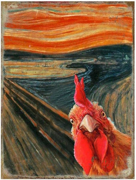 Original Retro Design Rooster in the Oil Painting "The Scream", Solid Wood Signs Wall Art|Natural Wooden Board Print Poster Wall Decoration