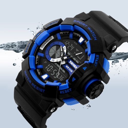 SKMEI Marke Mode Wandern elektronische Sportuhr für Schoolboy PU Leder Watch 50M wasserdicht Quartz digitales Uhrwerk Dualzeit Anzeige Armbanduhr Herren Uhren