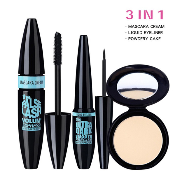 3pcs eyes makeup set eyebrow lengthening curling mascara long lasting waterproof eyeliner pressed powder gift for girl
