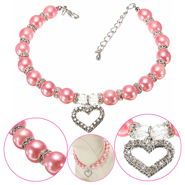 Pet Dog Crystal Heart Charm Pendant Pearls Necklace Collar Pink