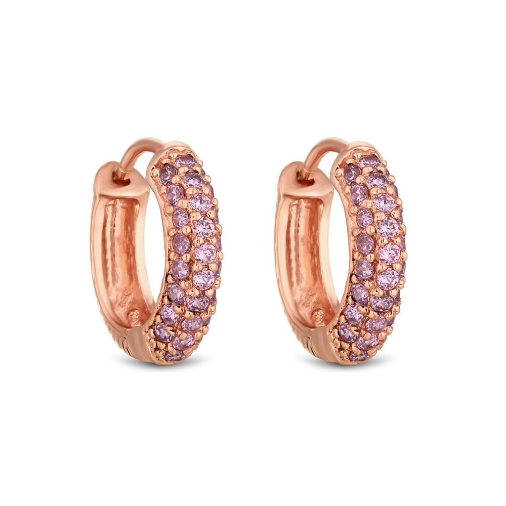 14ct Rose Gold Plated Sterling Silver 925 Cubic Zirconia Pink Pave Hoop Earrings