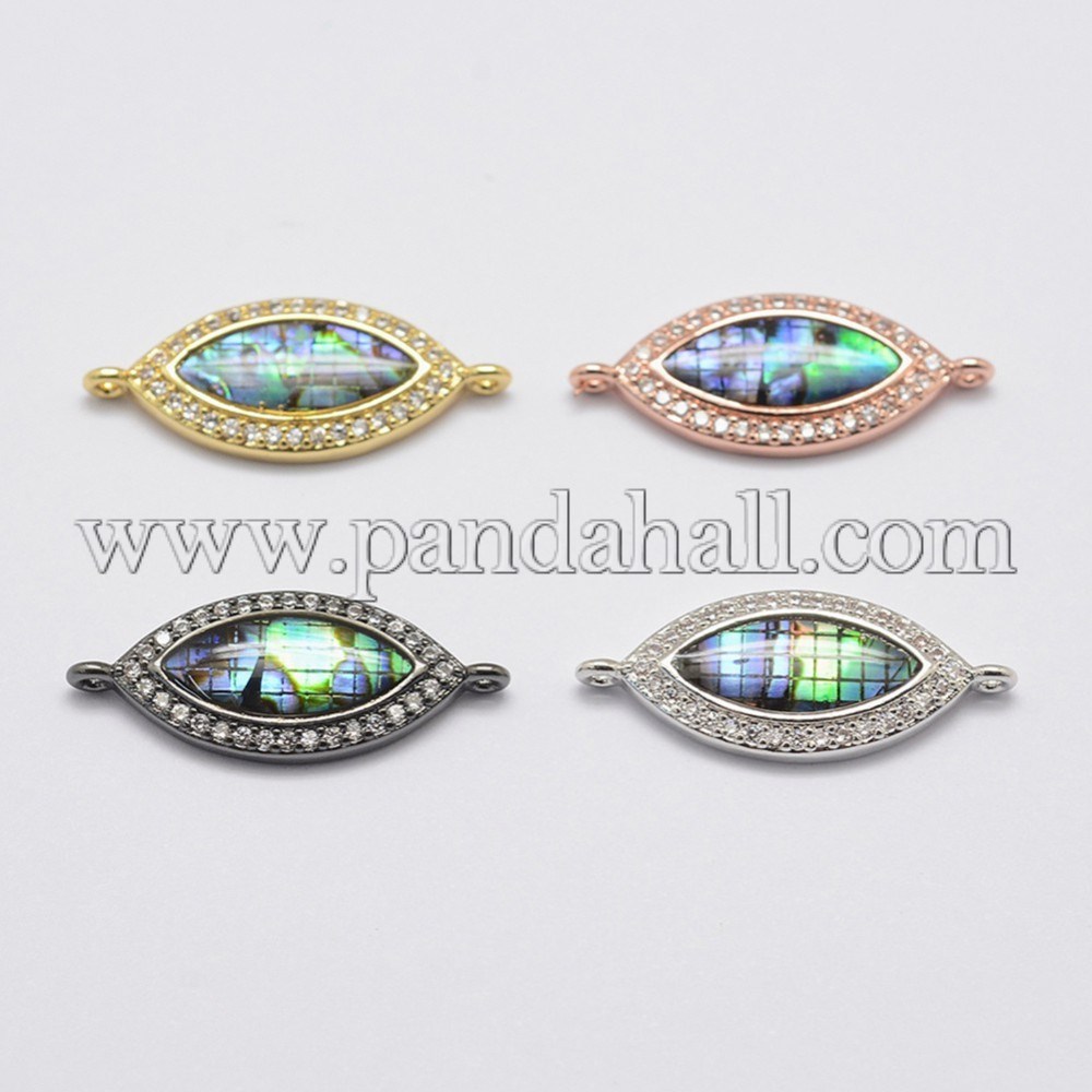 Environmental Brass Cubic Zirconia Links, with Natural Paua Shell, Lead Free & Nickel Free & Cadmium Free, Horse Eye, Clear, Mixed Color, 10x25x3.5mm, Hole: 1mm