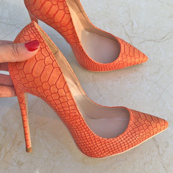 Free Shipping women lady 2019 sexy fashion Orange python Leather Poined Toes Wedding heels Stiletto High Heels shoes pumps 12cm 120mm 10cm