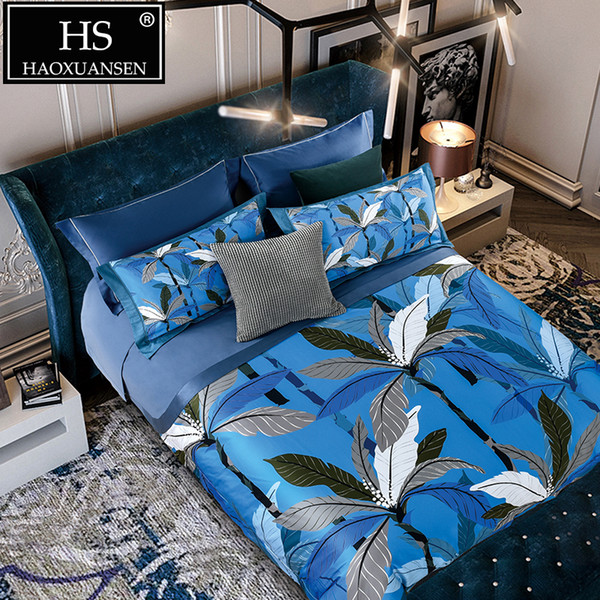 650 thread count blue 100% cotton 4pcs bedding sets banana tree digital print duvet cover sets queen king size bed set