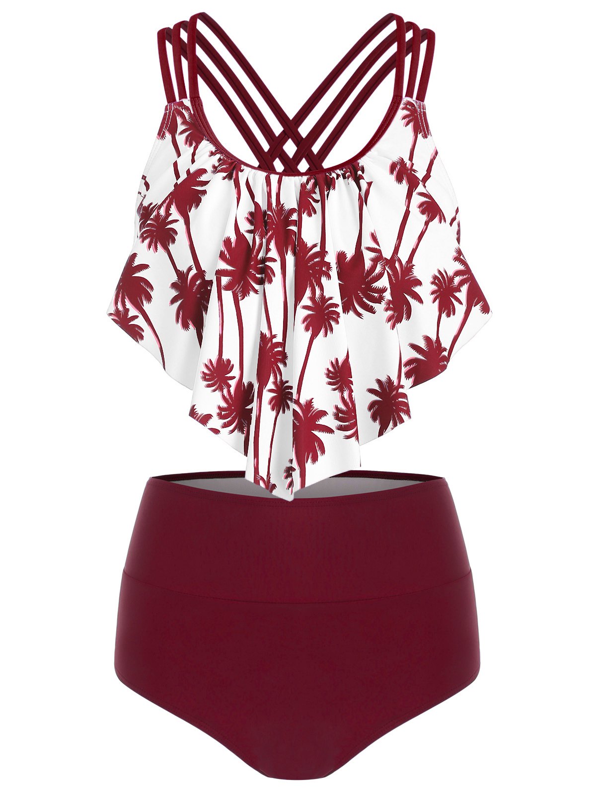 Palm Tree Print Overlay Tankini Swimsuit
