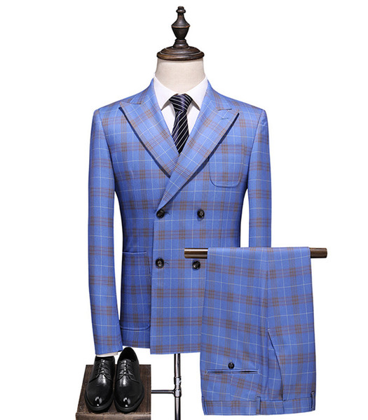 New Popular Blue Groom Tuxedos Slim Fit 3 Pieces Mens Wedding Suits Double Breasted Blazer Formal Men Business Suit (Jacket + Pants + Vest)