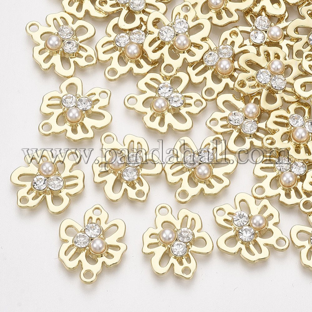 Alloy Links/Connectors, with Crystal Rhinestone and ABS Plastic Imitation Pearl, Flower, Light Gold, 17x14x4mm, Hole: 1.4~1.6mm