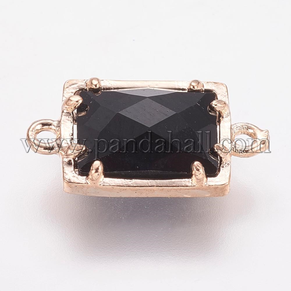 Brass Links/Connectors with Faceted Glass, Rectangle, Golden, Black, 15.5x9x4mm, Hole: 1mm