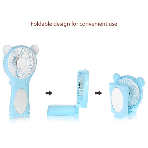 Portable Bear Shape Mirror Cute Mini Handheld Table Foldable Fan 2 Speed for Home Office USB Rechargeable With   Mirror Function