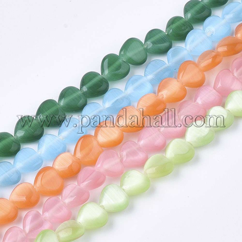 Cat Eye Beads Strands, Heart, Mixed Color, 5.5~6x6x2.5~3mm, Hole: 0.8mm; about 65~67pcs/strand, 14.5''