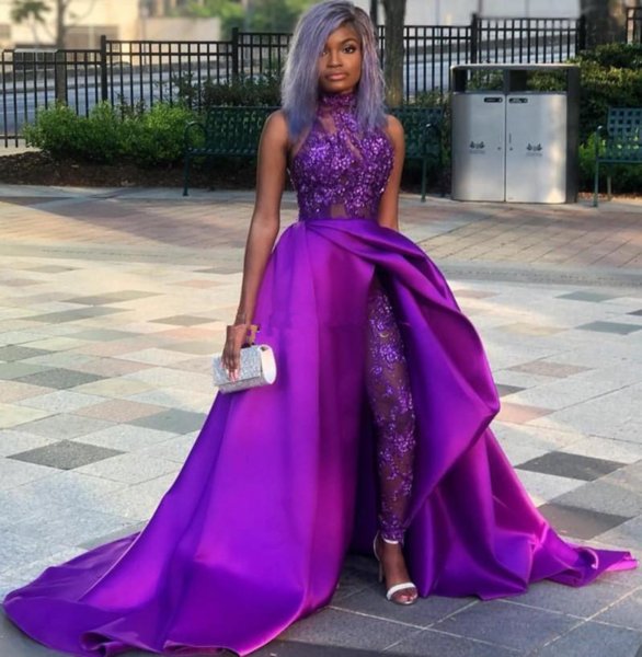 Sexy Purple Sequined Overskirt Jumpsuit Prom Dresses High Neck Appliqued Side Split Evening Gowns Beaded Plus Size Sweep Train Formal Dress