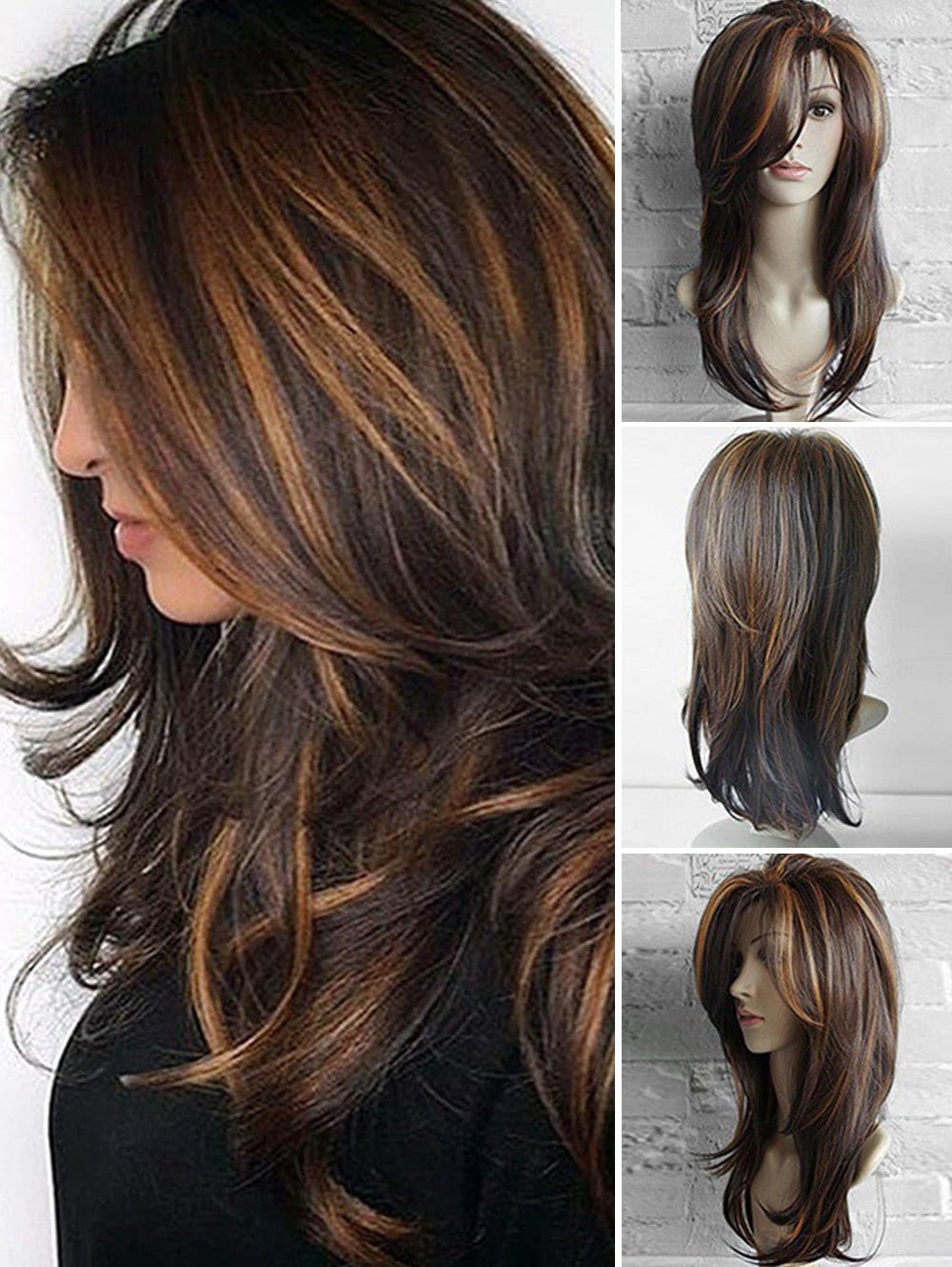 Mixing Color Oblique Bang Slightly Wavy Long Layered Synthetic Wig