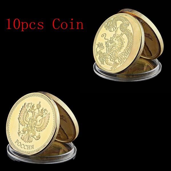 10pcs 2014 retail russia zodiac dragon fly gold plated challenge coin with national emblem collectible gift coins art collection