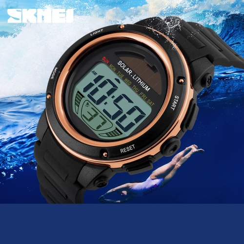 SKMEI Solar Powered Digital Men Women Sports Watch Big Dial 5ATM Water-resistant Multi-function Unisex Wristwatch with Chronograph Alarm Backlight