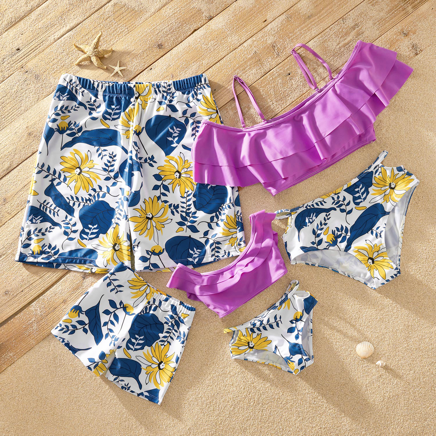 Off-shoulder Flounce Floral Print Mauve Matching Swimsuits