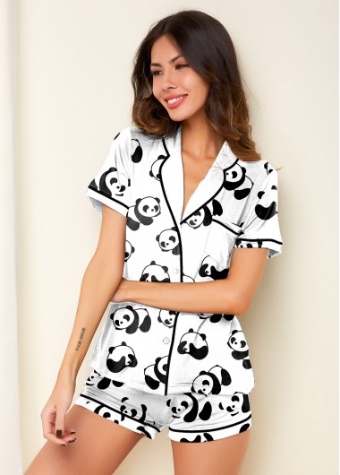 White Panda Print Short Sleeve Pajama Set