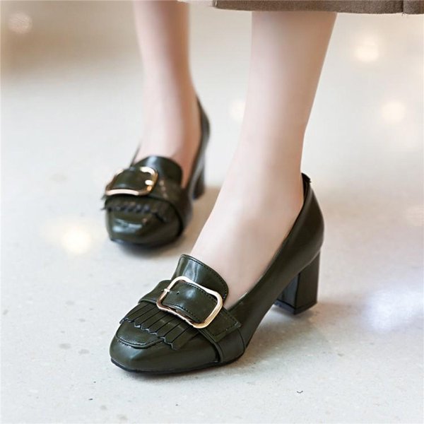 Dress Shoes Big Size Ladies High Heels Women Woman Pumps Chequered Square-headed Heavy-heeled Single-shoe