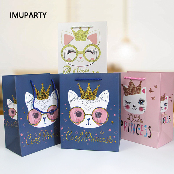 6pcs little princess cat gift bag for kids birthday party girls baby shower favors packaging box cartoon kitty with crown