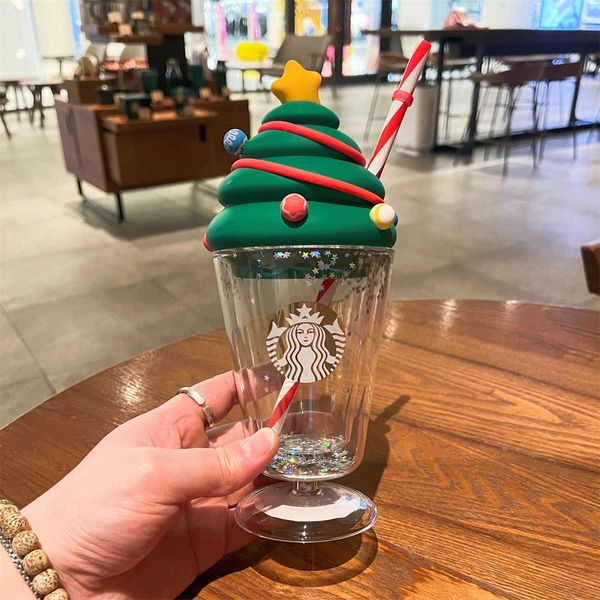 Starbucks cup Christmas gifts colorful Christmas tree double glass high foot straw drinking cup