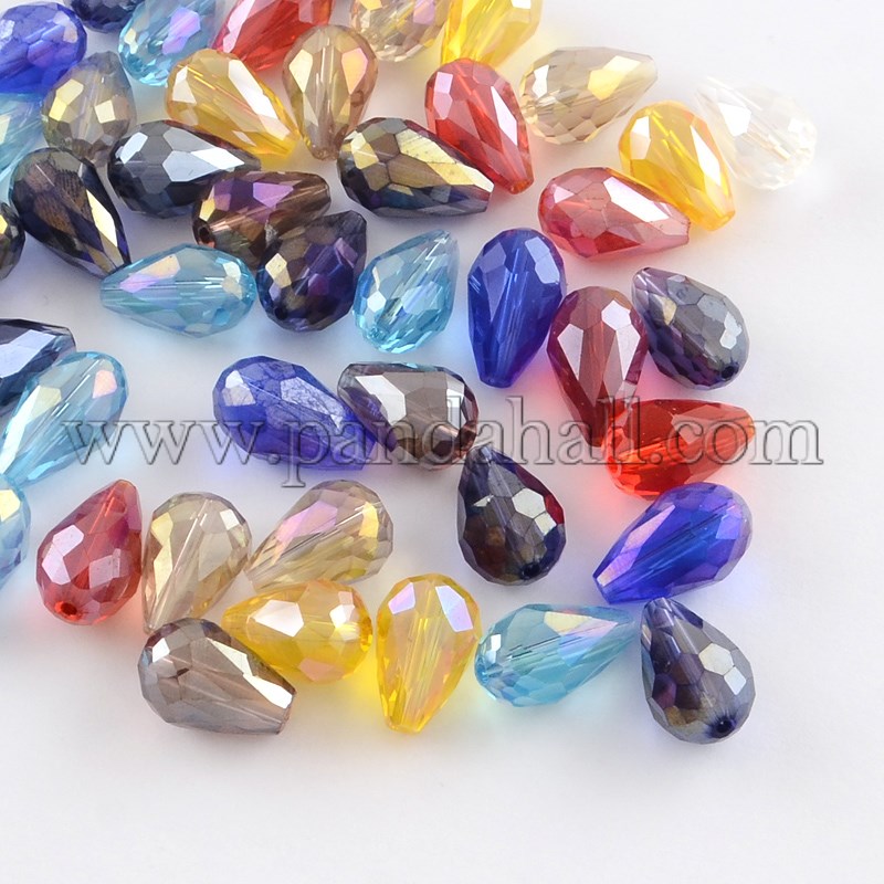 AB-Color Plated Drop Glass Beads, Faceted, Mixed Color, 7~8x6mm, Hole: 1mm