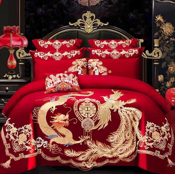 4/6Pcs Luxury Loong Phoenix Embroidery Red Duvet Cover Bed sheet Cotton Chinese Style Wedding Bed cover Bedding Set Home Textile H0913
