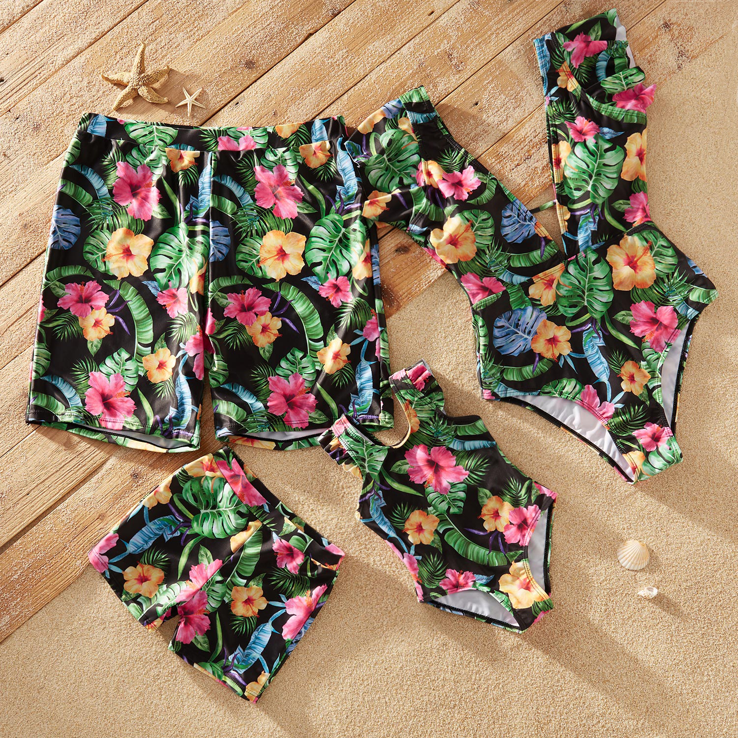 Deep V-neck Flutter-sleeve Floral Print Matching Swimsuits