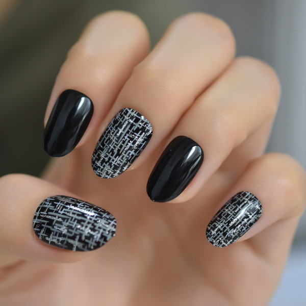 fashion silver cross rain fake nail tips black full cover artificial 24pcs/kit round false press on nails adhesive tabs