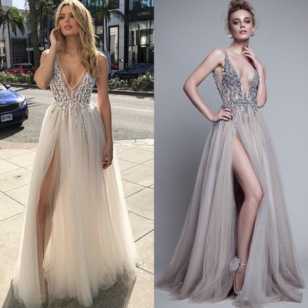 2018 Hot Sexy Grogeous Sheer Beaded Top V-neck Eveing dress Prom dress Long Sliver Sequin Beads Mix Tulle Party Dress Backless Split Front