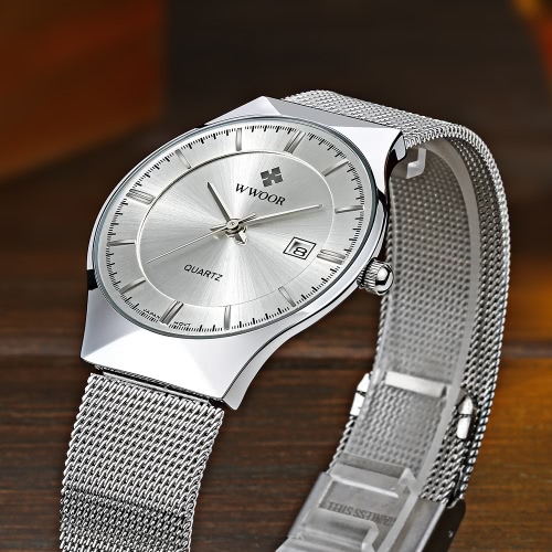 WWOOR 2016 Ultra Thin Dial Fashion Mesh Stainless Steel Watches Calendar Quartz Analog Men Casual Wristwatch 30M Water-Proof + Watch Box