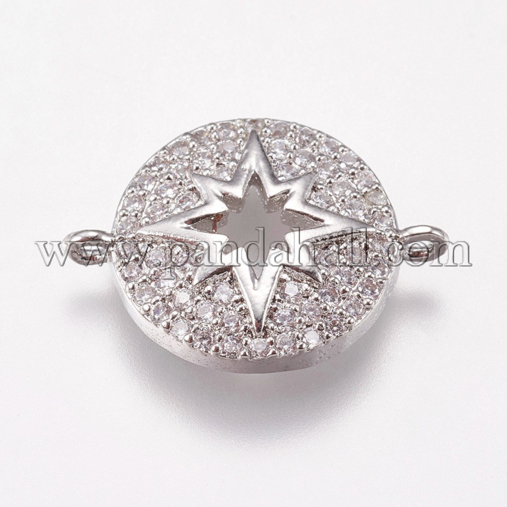 Brass Micro Pave Cubic Zirconia Links, Flat Round with Star, Clear, Platinum, 14x18x3mm, Hole: 1mm