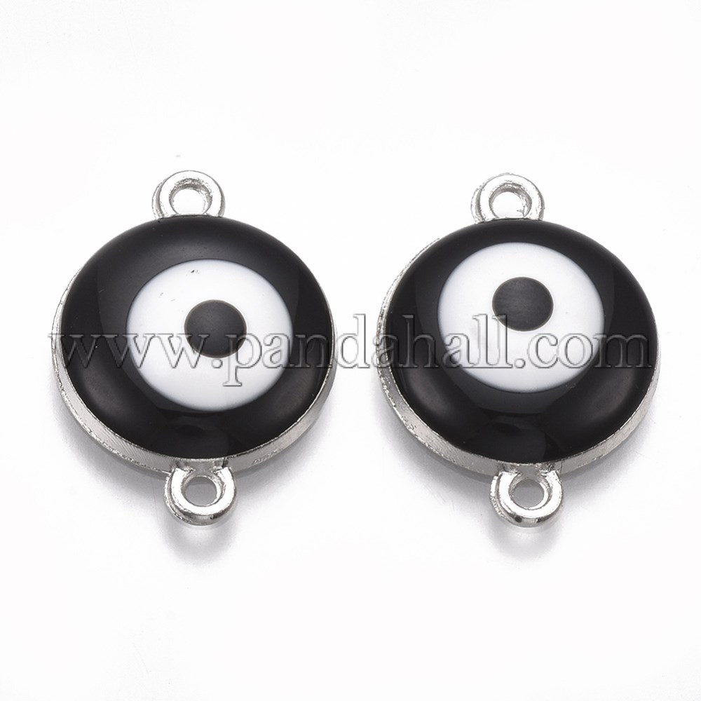 Alloy Links/Connectors, with Enamel, Flat Round with Evil Eye, Platinum, Black, 22x16x4.5mm, Hole: 1.5mm