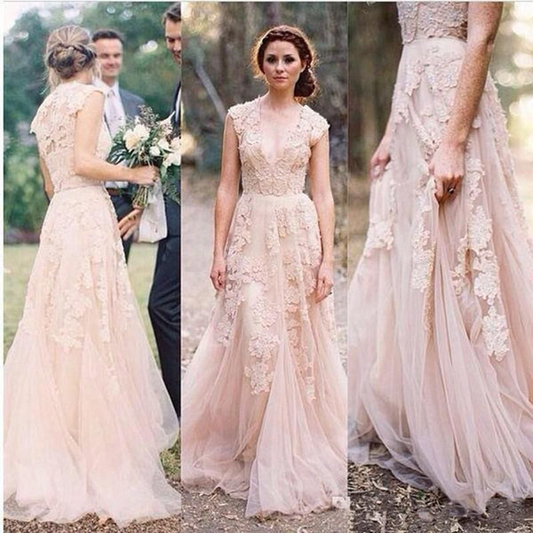 robe de mariee Champagne Boho Wedding Dress 2020 mariage trouwjurk Bridal Wedding Gowns Plus Size Deep V Neck vestido de noiva