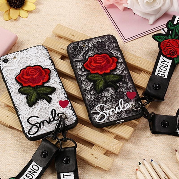 flower lace full edge protection phone case with lanyard transparent red rose embroidery case for iphone x xs xr 8 7 6 6s plus case funda