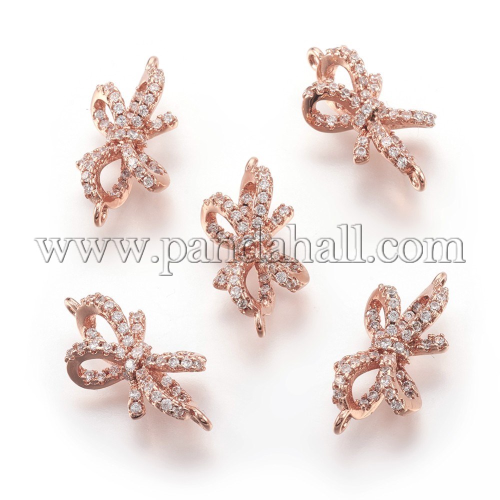 Environmental Brass Micro Pave Cubic Zirconia Links, Lead Free & Cadmium Free & Nickel Free, Bowknot, Real Rose Gold Plated, 8.5x18x5mm, Hole: 1mm