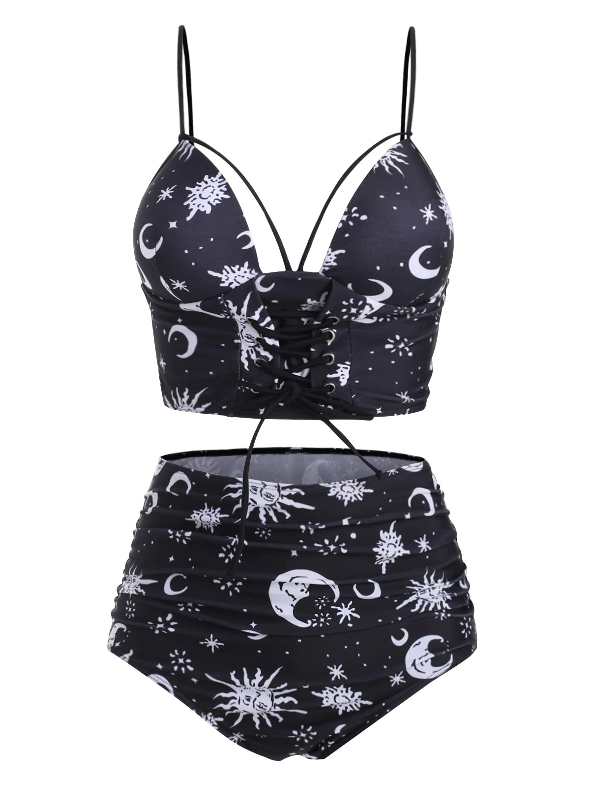 Lace Up Sun and Moon Padded Tankini Swimsuit